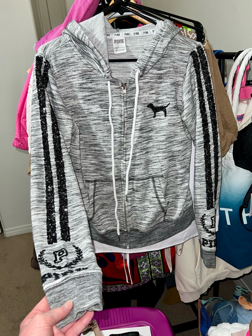Vintage PINK Victoria's Secret Gray Marled Sequin Bling Logo Hoodie & Jogger Set - Picture 11 of 16